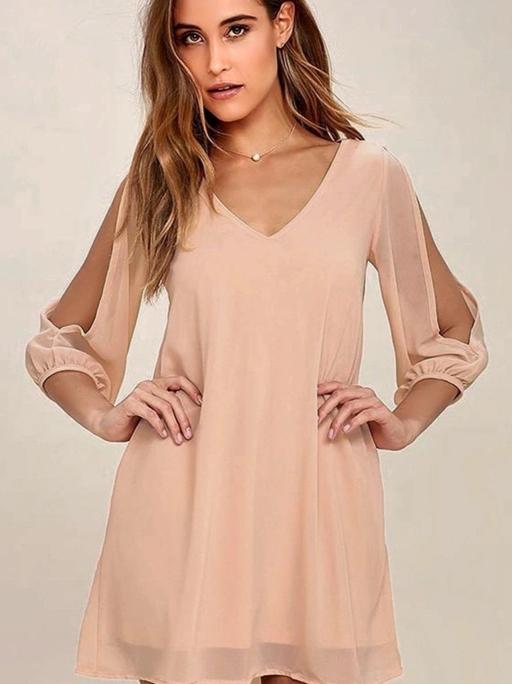Lulus Shift V-Neck Sheer Sleeve Mini Dress in Pink